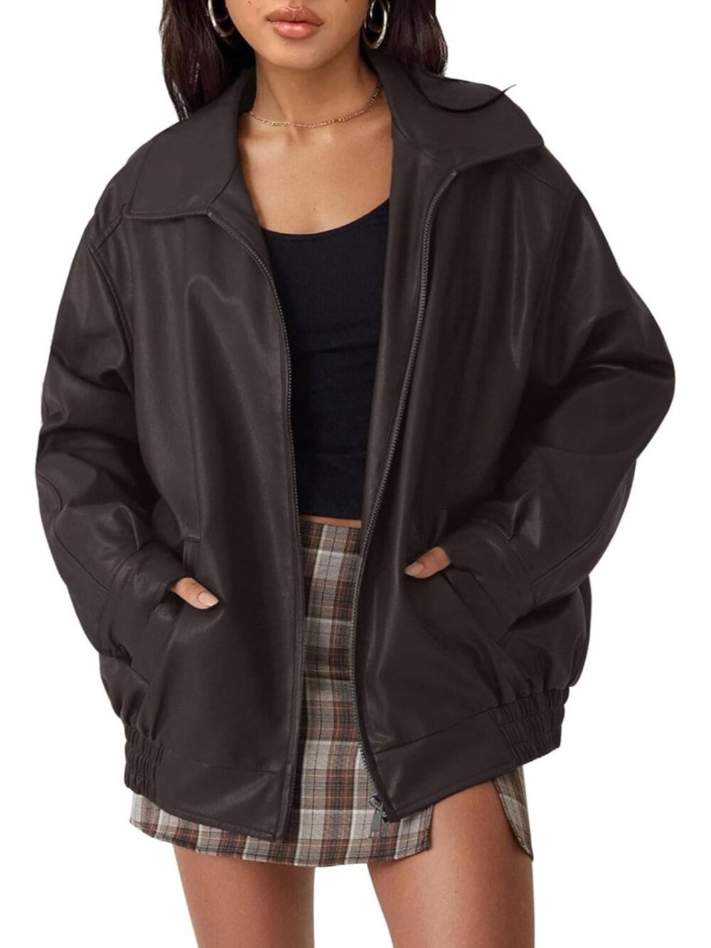 〽️ Women’s Coffee Oversized Faux Leather ZIP Up Motorcycle Fall Winter Jackets